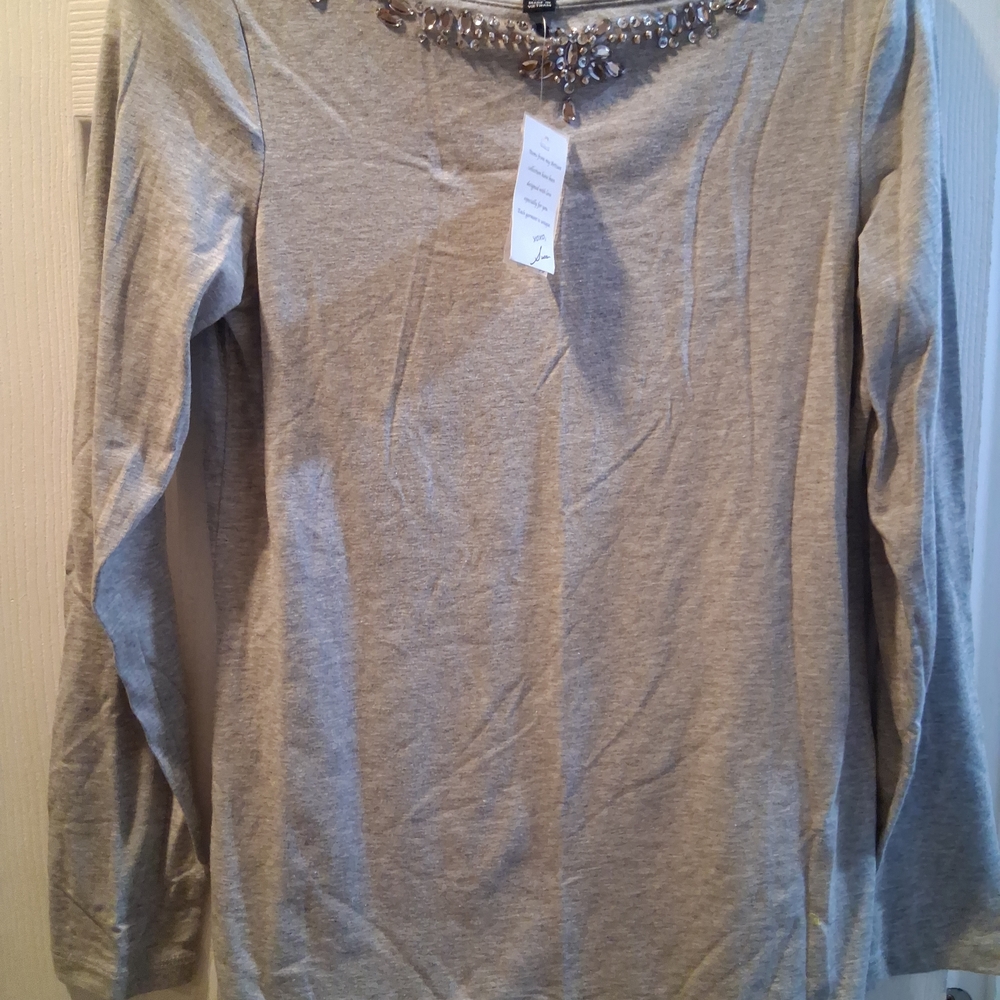 Susan Graver Gray Long-Sleeve Top with Jeweled Collar